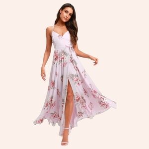 Lulus Elegantly Inclined Lavender Floral Print Wrap Maxi Dress S